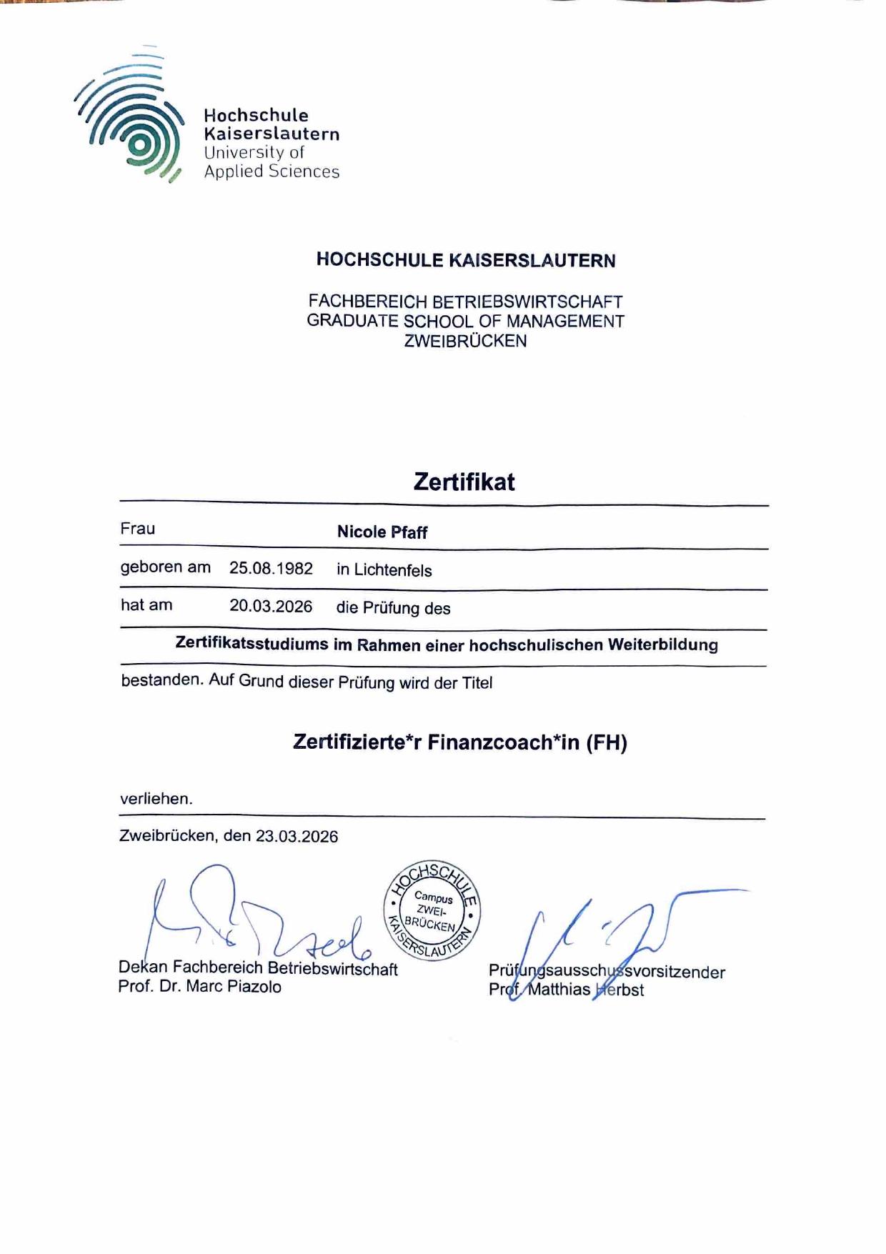 Zertifikat: Zertifizierte Finanzcoachin (FH), Hochschule Kaiserslautern, 2026